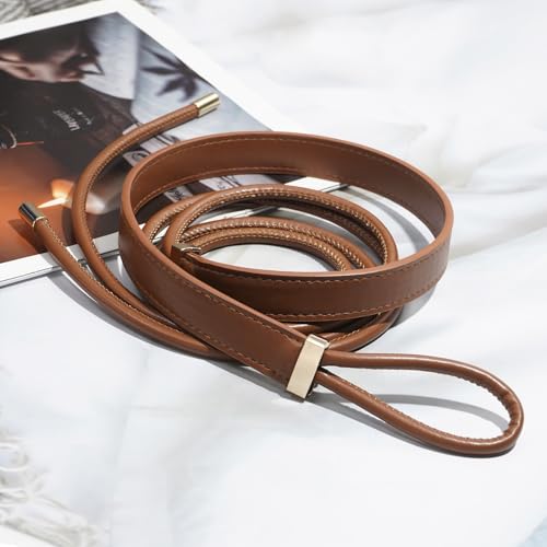 Women's Knotted Thin Waist Belt PU Leather Skinny Belts for Dresses Pants - color: Brown