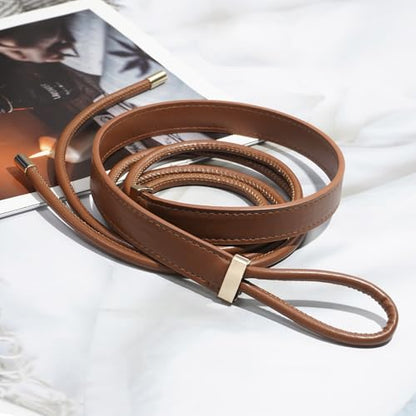 Women's Knotted Thin Waist Belt PU Leather Skinny Belts for Dresses Pants - color: Brown