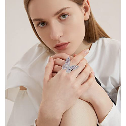 Butterfly Rings for Women Adjustable Golden Cocktail Ring Sparkly Stones Statement Silver Bow Open Wrap Bow Jewelry Bridesmaids Wedding Valentine’s Day Gift Lover Mother - color: JZ03-Silver Purple