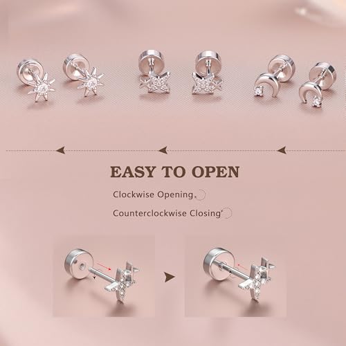14K Gold Plated 925 Sterling Silver Flat Back Earrings Set | Hypoallergenic Cartilage Helix Conch Tragus Piercing Jewelry 3 Pairs Small Screw Dainty CZ Opal Earring Set Men Women - color: Silver, Style F