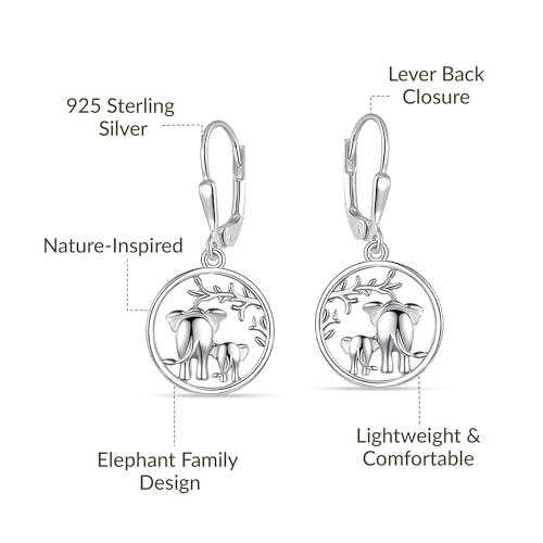 LeCalla 925 Sterling Silver Drop Earrings | Lever-Back Drop Earrings | Hypoallergenic Silver Teardrop Leverback Dangle Earring for Women Jewelry Gifts - color: Elephant Family-30MM