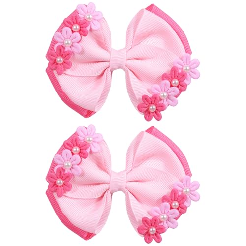 4'' Valentines Pink Pearl Flower Hair Bows for Girls Hot-Pink Hair Ribbon Bowknot Alligator Clips, Teen Kids Toddlers Women Birthday Wedding Party Dress Decor Accessory Gift - color: Valentines bow