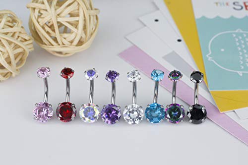HQLA 14G Belly Button Rings Surgical Stainless Steel Round Cubic Zirconia Navel Barbell Stud Body Piercing - color: 4Pcs(Clear+Pink+Purple+Blue)