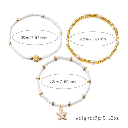 Starfish Mermaid Anklets Bracelets for Women Waterproof Gold Beaded Seashell Starfish Anklets Bohemian Summer Surf Stackable Anklet Bracelet Hawaiian Mermaid Jewelry Outfits for Women - style: Bead starfish