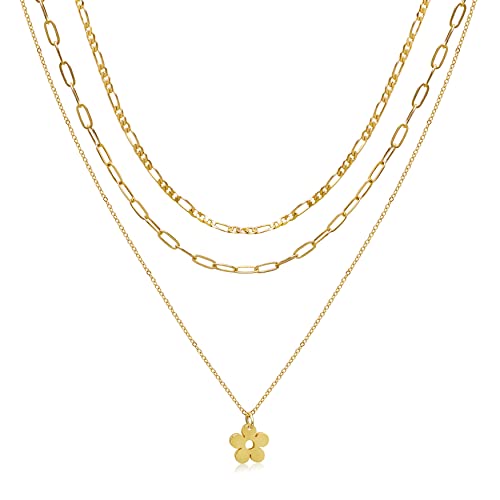 Aisansty Dainty Layered Choker Necklaces Handmade Coin Tube Star Pearl Pendant Multilayer Adjustable Layering Chain Gold Plated Necklaces Set for Women - color: Gold, style: Gold-Flower