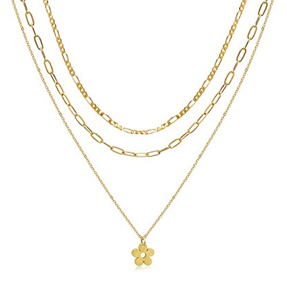 Aisansty Dainty Layered Choker Necklaces Handmade Coin Tube Star Pearl Pendant Multilayer Adjustable Layering Chain Gold Plated Necklaces Set for Women - color: Gold, style: Gold-Flower
