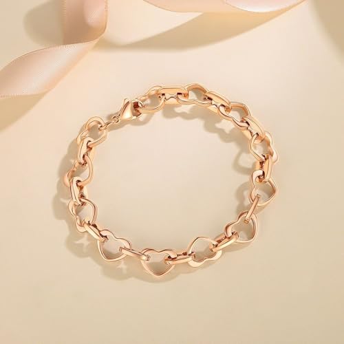 mnmoom Heart Bracelets for Women Stainless Steel with Rose gold, gold plating Heart links bracelets - color: Rose gold