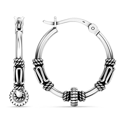 LeCalla 925 Sterling Silver Oxidized Balinese Hoops Earring Jewelry Small Antique Bali Beaded Hoop Earrings for Women - color: Tribal Balinese