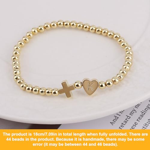 Mikovivi Women's Cross Bracelet with Initial Beads, Elastic Heart Alphabet Charm Stackable Beaded Bracelet Religious Christian Jewelry Gift - style: Letter K