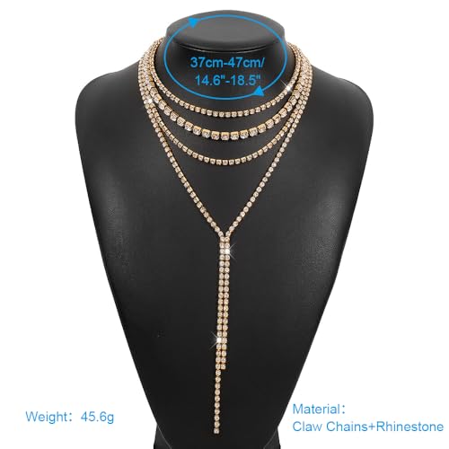 Layered Wedding Choker Rhinestone Necklace Sparkly Long Crystal Neck Chain for Women - color: Gold