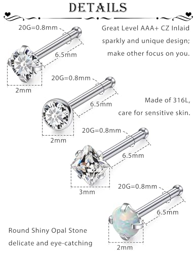 15 Pcs 18G 20G Surgical Steel Nose Rings Studs for Women Opal Nose Rings Diamond CZ Nose Studs L Shaped Nose Nostril Piercing Jewelry Hypoallergenic - style: 20G,Straight