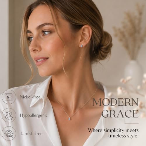 B. BRILLIANT Sterling Silver Small Dainty Crystal Solitaire Necklace & Stud Earrings Birthstone Jewelry Set for Women Bridesmaids - color: March - Light Blue