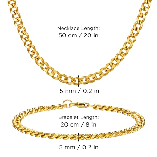 NORBU Stainless Steel Cuban Link Chain and Bracelet Set for Men, Chains 3.5mm/5mm/7mm Width, Bracelet 7 1/2" and 8" Length, No Tarnish & Durable Mens Jewelry - size: 20"Chain & 8"Bracelet, style: Cuban Set - 5mm