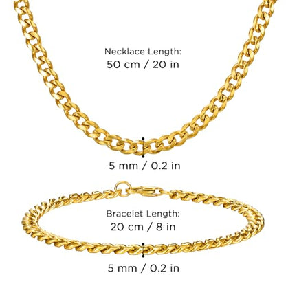NORBU Stainless Steel Cuban Link Chain and Bracelet Set for Men, Chains 3.5mm/5mm/7mm Width, Bracelet 7 1/2" and 8" Length, No Tarnish & Durable Mens Jewelry - size: 20"Chain & 8"Bracelet, style: Cuban Set - 5mm