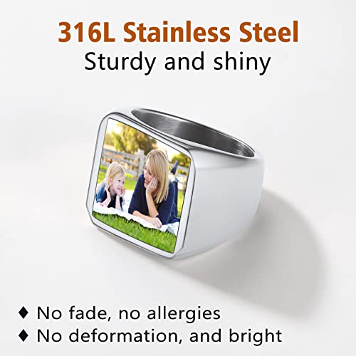 FindChic Customized Signet Photo Rings Square/Heart/Round Chunky Band Ring Stainless Steel/18K Gold Plated/Black Size 7 to 14 Personalized Jewelry for Men Women, Send Gift Box - color: 01. square-no stones (stainless steel)
