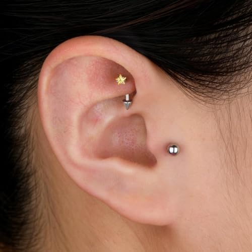 1PC Titanium Rook Piercing Jewelry 16G 8mm, ASTM F136 Curved Barbells Eyebrow Rings, Internally Threaded Screw on - color: Yellow CZ Star-18KGP