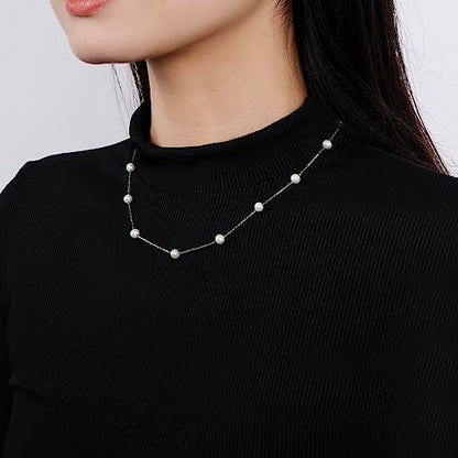 925 Sterling Silver Dainty Freshwater Cultured Pearl Choker Necklace White Genuine Real Pearl Charm Necklaces Jewelry Gifts for Her - color: Satellite Pearl 6-7mm AAAAA-Silver