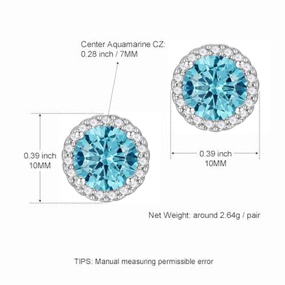 YOMELA Round Cubic Zirconia Stud Earrings for Women | Everyday Dainty, Diamond-Like Brilliance, CZ Halo Birthstone Studs, Hypoallergenic & Lightweight, Elegant & Versatile - color: Aquamarine
