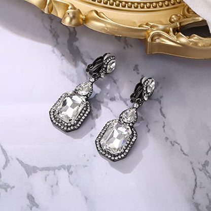 Women's Wedding Bridal Crystal Emerald Cut Infinity Figure 8 Chandelier Clip-On Dangle Earrings - color: Clear Black-Tone