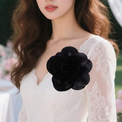 Large Rose Flower Brooches Chiffon Camellia Brooch Lapel Pins Hair Clips Hat Pins for Women Wedding Banquet Accessories Large Satin Flowers 5.5in - color: Black
