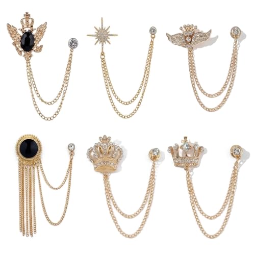 6 Pcs Tassel Chain Brooch Collar Pins Rhinestones Crown Eagle Star Wings Mens Suit Accessories for Shirt Tuxedo Tie Hat Scarf Decoration