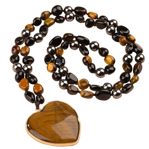 Long Necklaces for Women Boho, Oval Waterdrop Turquoise Pendant, Natural Stone Beaded, Handmade,Vintage & Elegance, Boho Fashion Charm Beaded Necklace for Women - style: M-TigersEye