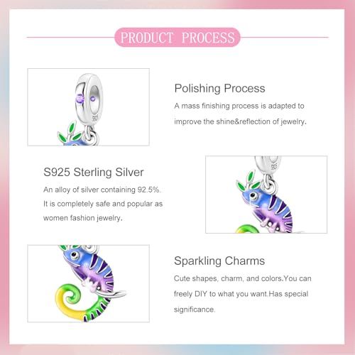 S925 Sterling Silver Cute Bead Charm for Pandora Bracelets and Necklaces | Lucky Clover Cute Animal Pink Bow Cherry Butterfly Pendant Bead Charms Jewelry Making Gifts for Women Valentines Mother's Day - style: Forest Chameleon Dangle Charm