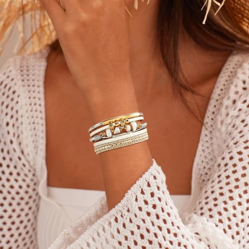 Wrapped Bracelets for Women,Leather Boho Bracelets for Women - color: Stone-White