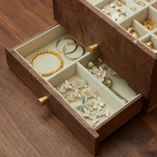Black Walnut 3 Layer Wooden Jewelry Box Organizer | For Women & Men, Velvet Lining, Earring & Ring Organizer, Large Capacity Drawer Design, For Necklaces & Bracelets - style: 3 layers