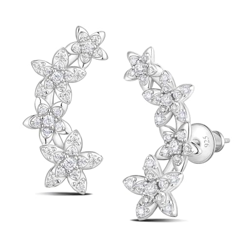 Moissanite 20mm Butterlfy/Flower/Leaf/Bezel Crawler Stud Earrings for Women, 925 Sterling Silver with Gold Plated, Hypoallergenic Cartilage Earrings, Valentines Birthday Anniversary Wedding Gift - color: Flower - White Gold