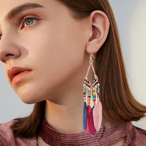 Faux Feather Fringe Tassel Long Dangle Earrings for Women | Bohemian Women Tassel Drop Jewelry - color: colorful