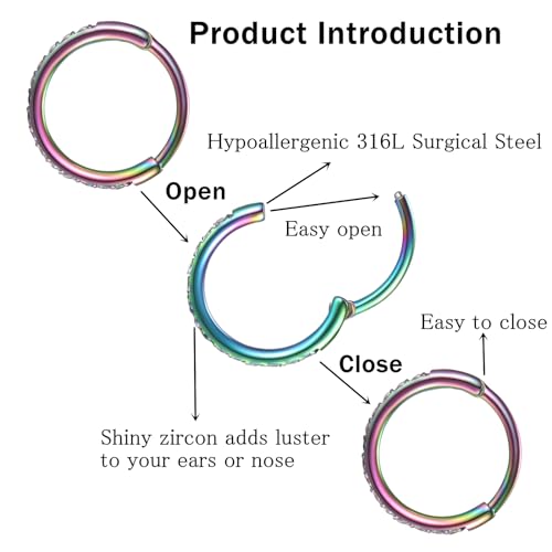 ORANGELOVE 20G 18G 16G Clear CZ Nose Ring Hoop 316L Surgical Steel Seamless Silver Septum Ring Clicker Jewelry Cartilage Earring Ear Piercing Hoop Earrings for Women Men Helix Rook Lobe Conch Tragus Daith Lip Hinged Piercing Jewelry with Cubic Zirconia -