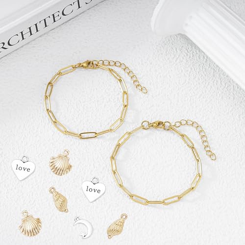 KEIAOUE 16 Pack Charm Bracelet Chain Bulk Gold Plated Stainless Steel Paperclip Chains Bracelets for DIY Jewelry Making - color: Gold