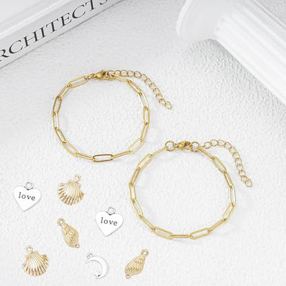 KEIAOUE 16 Pack Charm Bracelet Chain Bulk Gold Plated Stainless Steel Paperclip Chains Bracelets for DIY Jewelry Making - color: Gold