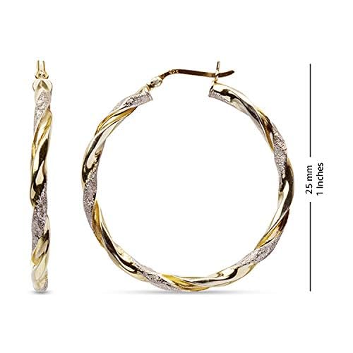 LeCalla Real 925 Sterling Silver Textured Two-Tone Three-Tone 14K Gold Plated Lightweight Italian Design Hoop Earrings for Women Diameter 25,30,40,45,50mm - color: Textured Small with Customized Box