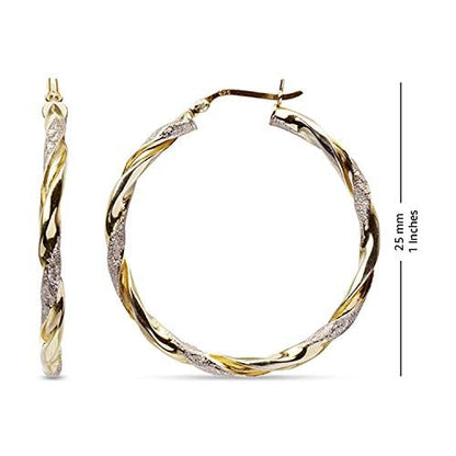 LeCalla Real 925 Sterling Silver Textured Two-Tone Three-Tone 14K Gold Plated Lightweight Italian Design Hoop Earrings for Women Diameter 25,30,40,45,50mm - color: Textured Small with Customized Box