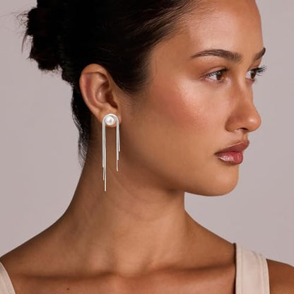 Robaice 14K Gold Plated Dangle Earrings for Women, Long Drop Earrings | Dainty Tassel Earrings Trendy, Hypoallergenic Dangling Lip Block Snake Chain, Threader Earrings for Women, Jewelry Gifts - color: Silver 1