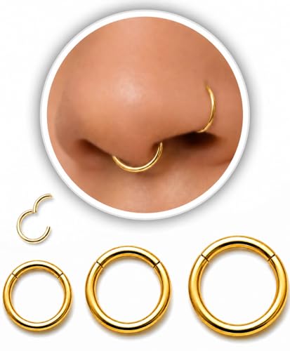 AMASIS Nose Rings and Nose Studs Set, Stainless Steel Hinged Nose Hoops and CZ Studs, Select Sizes and Styles for Nostril Septum Cartilage Piercing Jewelry - color: Gold, size: 3-Piece Hoops,16Gauge,6/8/10mm
