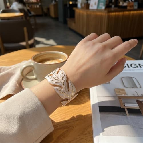 18K Gold Plated White Enamel Cuff Bracelet for Women - color: leaves