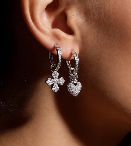 925 Silver Dangle Earrings for Women Sparkly Trendy Dainty Cute Crown Heart Cross CZ Drop Earring Fun Bling Asymmetrical 2000s Y2k Fashion Huggie Hoops Dangling Streetwear Jewelry Accessories - color: S