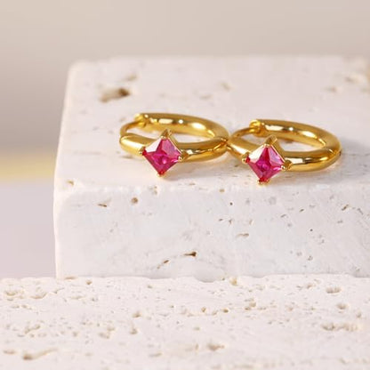316L Surgical Steel Birthstone Hoop Earrings for Women | Lightweight, 5A Cubic Zirconia, Hypoallergenic, Lead & Nickel Free, 8mm Huggie Hoops - color: 18k gold-plated: 07. July (Ruby)