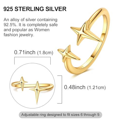 925 Sterling Silver Adjustable Rings for Women 14K Gold Plated Thumb Rings | Stackable Statement Eternity Rings Dainty Starfish Star Moon Heart Lucky Open Ring Trendy Jewelry Birthday Gifts for Ladies - color: Gold Star Charms Ring