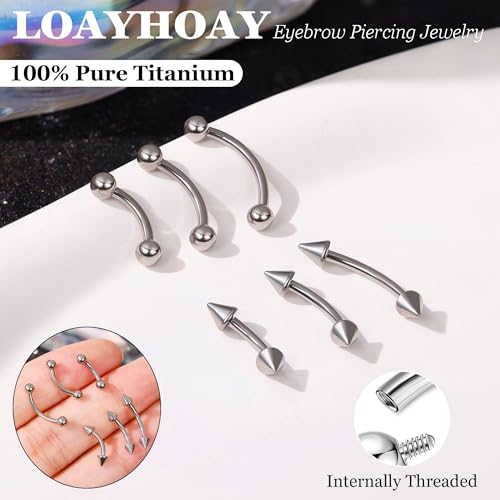 6PCS 16G G23 Titanium Eyebrow Piercing Jewelry for Women Curved Barbell Tiny Eyebrow Ring Vertical Labret Belly Lip Tongue Ring Internally Threaded Rook Tragus Daith Earring 6/8/10mm - color: Silver A