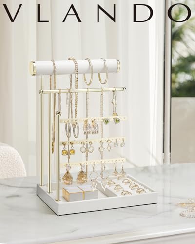 VLANDO Jewelry Stand Organizer with Ring Holder Tray, Necklace and Earring Storage for Bracelets, Watches and Rings, PU Leather Covered Wooden Tray with Gold Metal Frame - White - color: White