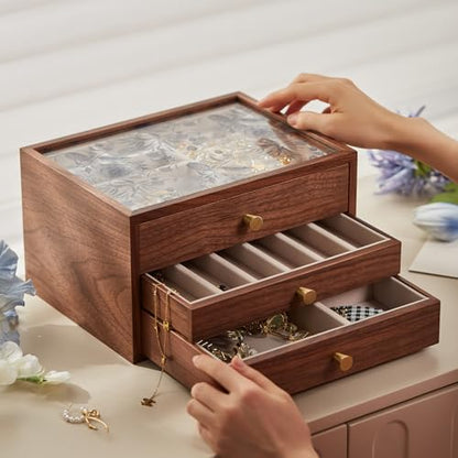 Black Walnut Wooden Women Jewelry Box with Glass Lid, 3 Layer | Blue Floral Glass Lid, Wood Drawer Jewelry Organizer for Women, For Necklaces, Watch, Ring, Earring Storage,Ideal Gift - style: 3 Layer B