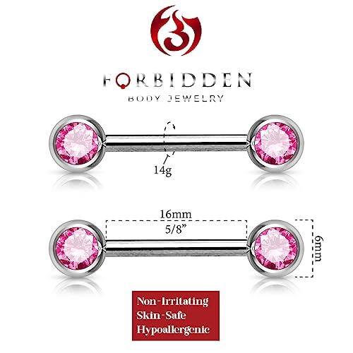Forbidden Body Jewelry 14g Nipple Ring Barbells Set of 2, Pair of CZ 16mm (5/8 Inch) Barbells with 6mm Balls - color: Pink