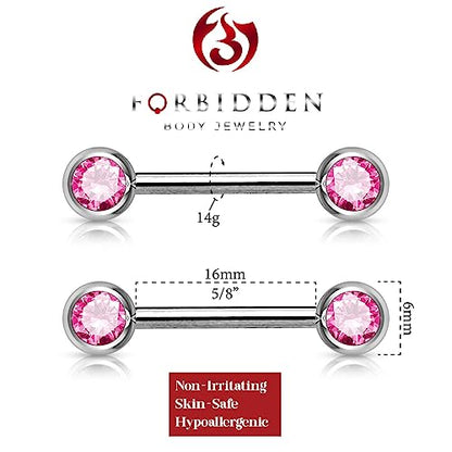 Forbidden Body Jewelry 14g Nipple Ring Barbells Set of 2, Pair of CZ 16mm (5/8 Inch) Barbells with 6mm Balls - color: Pink