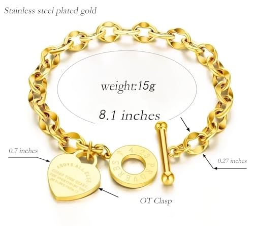 Charm Bracelet for Women 18k Gold/Silver/Rose Gold Plated Love Heart Elegant OT Clasp Stainless Steel Green Bag Packaging Jewelry Gift Birthday - color: 18k Gold, size: 8 inch