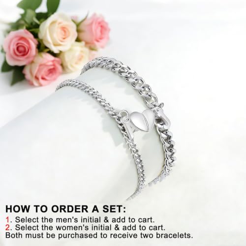 Matching Couple Initial Bracelets, Silver Stainless Steel Cuban Link - color: For Him
