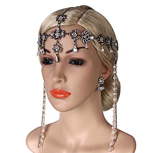 Bridal Headband and Earrings Crystal Jewelry Set Wedding Headpiece for Women Brides Tiara Rhinestone Hair Accessories - color: Black